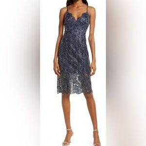 NWT Koko + Mason Lace Dreams Elegant Midi Dress in Navy‎ Blue and Silver - S